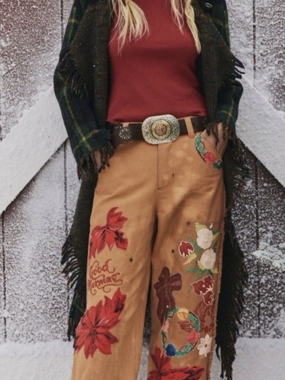 Free People "Bright Time Craft" Tan Embroidered Floral Wide-Leg Jeans - Picture 2 of 14